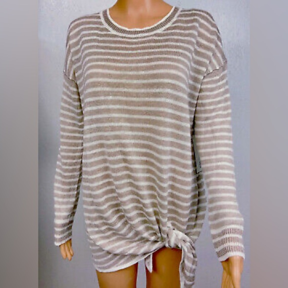 White and Warren Striped Knit Sweater with Tie Detail